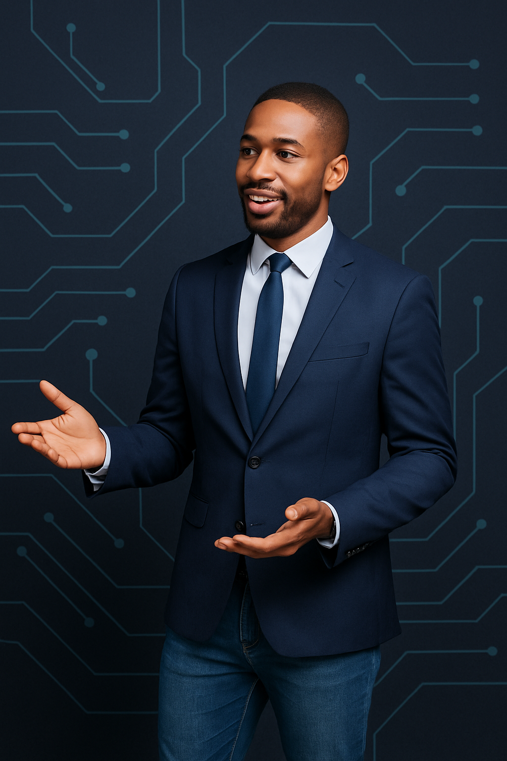 Accompagnant numérique expliquant avec confiance, sur fond technologique.