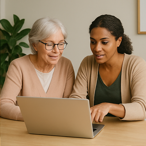 Personne guidant une autre à l’écran, illustrant une approche pédagogique.